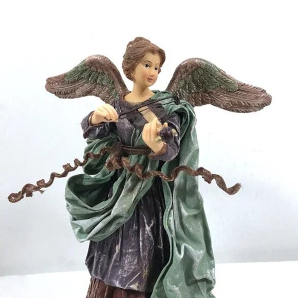 Paper Mache Angel Playing Violin Christmas Tree Topper Figurine - Picture 3 of 9